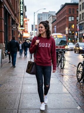 Obey Women's Burgundy Crewneck Sweatshirt with White Logo